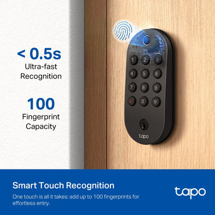 The IP54-rated weatherproof exterior assembly of the Tapo DL105 smart lock installed on a front door, highlighting its integrated doorbell button