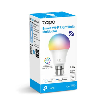Infographic showing the features of the TP-Link Tapo L530B smart bulb, highlighting energy monitoring, scheduling, and voice control compatibility.