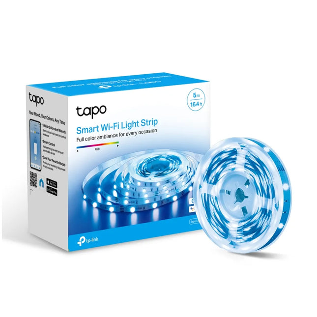 A 5-meter Tapo L900-5 smart Wi-Fi RGB light strip glowing in a vibrant purple hue, coiled to show its flexible design and high-quality LED beads.