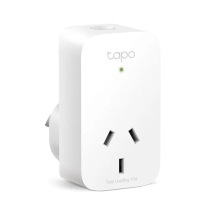 A TP-Link Tapo P110 mini smart Wi-Fi plug showing its compact white design that allows two plugs to fit in a standard double power outlet.