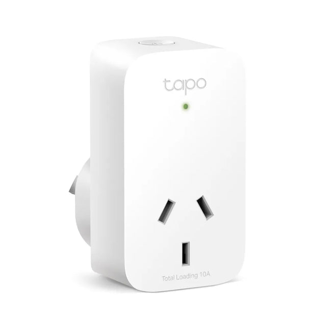 A TP-Link Tapo P110 mini smart Wi-Fi plug showing its compact white design that allows two plugs to fit in a standard double power outlet.