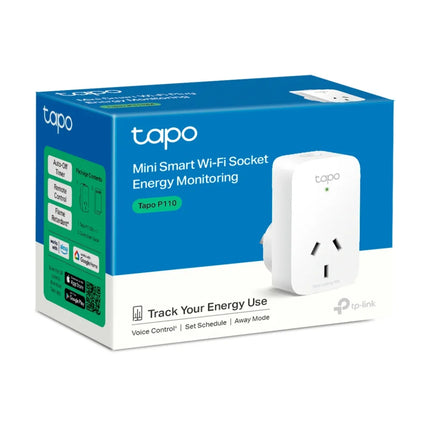 A lifestyle image of the Tapo P110 smart plug alongside icons for Google Assistant and Amazon Alexa, highlighting hands-free voice control for home appliances.