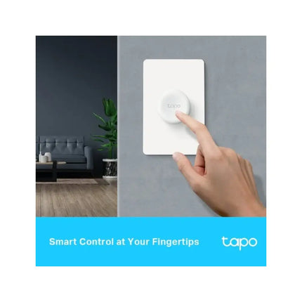 "Close-up perspective of the Tapo S200D wireless controller button, illustrating the rotatable dial feature used to adjust smart light brightness and temperature."