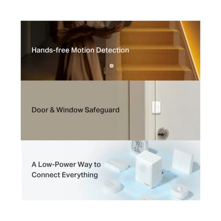 A close-up of the white Tapo smart window and door sensor mounted onto a modern white door frame for security tracking.