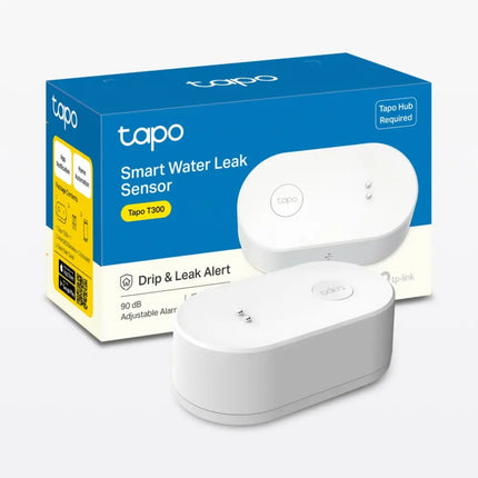 Close-up view of the dual-detection probes on the bottom of the TP-Link Tapo T300 water leak sensor.