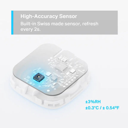 Compact Tapo T310 smart temperature and humidity sensor mounted on a wall for smart home climate control.