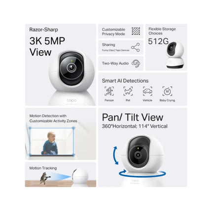 Close-up of the TP-Link TC74 home security camera lens tilted up, demonstrating its smart AI detection features for tracking people, pets, and baby crying.
