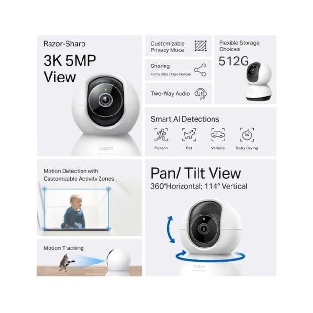Close-up of the TP-Link TC74 home security camera lens tilted up, demonstrating its smart AI detection features for tracking people, pets, and baby crying.