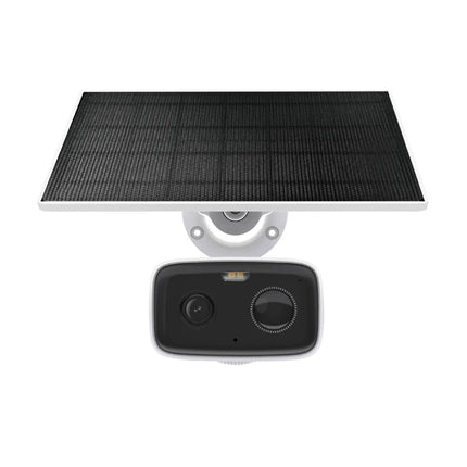 Close-up of the Tapo TC80 security camera lens showing the dual spotlights used for 1080p Full HD color night vision and AI person detection.