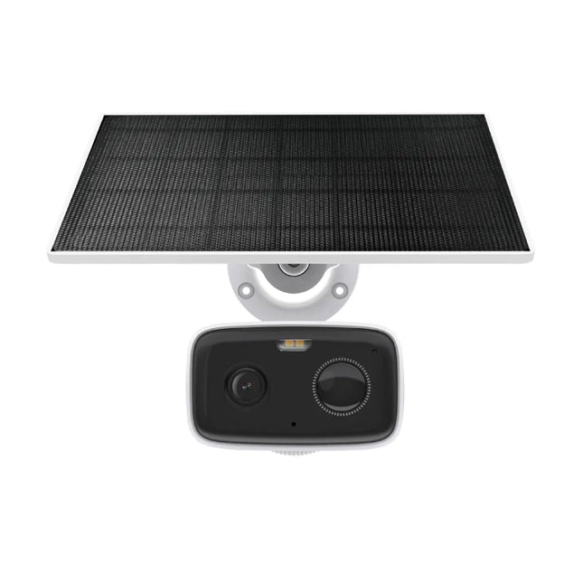 Close-up of the Tapo TC80 security camera lens showing the dual spotlights used for 1080p Full HD color night vision and AI person detection.