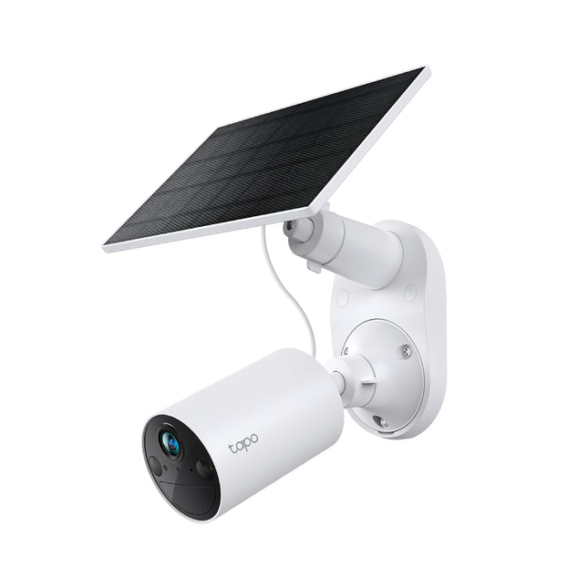 Unboxed components of the Tapo TC82 KIT showing the outdoor smart camera, companion solar panel, adjustable brackets, and mounting hardware.