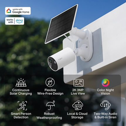 Close-up of the weatherproof Tapo TC82 outdoor security camera unit highlighting the smart sensor array, lens layout, and spotlight indicators.