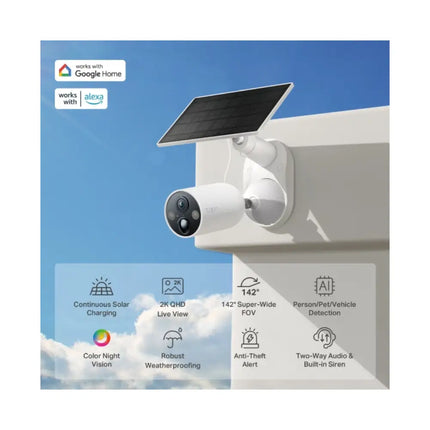 The TP-Link TC85 security camera mounted seamlessly onto a sunny outdoor wall next to its connected high-efficiency solar panel.