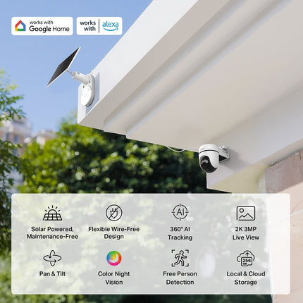 The Tapo TC90 KIT security camera and solar panel mounted to an outdoor residential wall, highlighting its weather-resistant design.