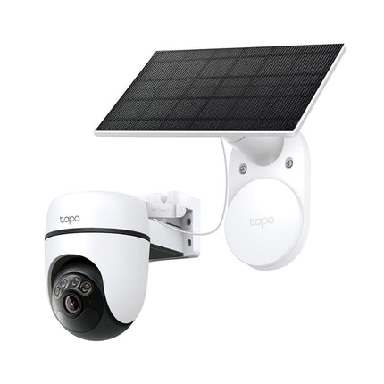 Front view of the Tapo TC90 smart camera, showcasing its motorized pan and tilt housing for 360-degree horizontal surveillance coverage.
