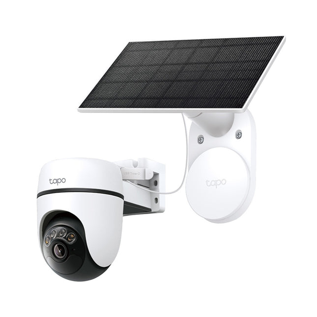 Front view of the Tapo TC90 smart camera, showcasing its motorized pan and tilt housing for 360-degree horizontal surveillance coverage.