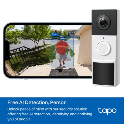 Front view of the black and white Tapo TD21 doorbell displaying the camera lens, built-in spotlight, and AI person detection sensor.