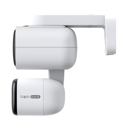 An IP65 weatherproof TP-Link TC34 dual-lens camera mounted outdoors for comprehensive home perimeter security.