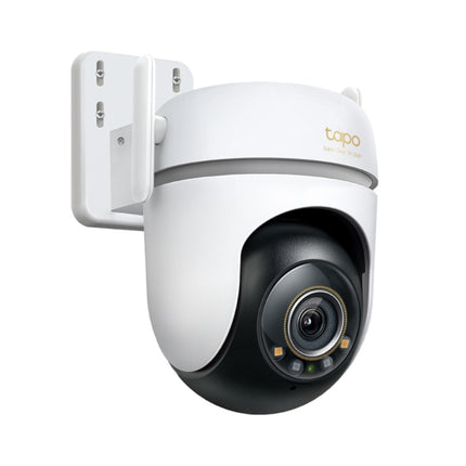 The TP-Link TC43 outdoor pan/tilt Wi-Fi security camera installed on a residential house exterior wall.