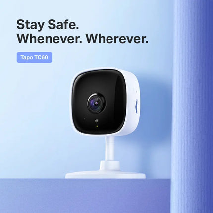 Side profile view of the TP-Link TC60 smart camera showing its flexible, adjustable stand for wall or desktop placement.