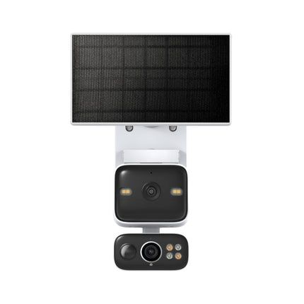 The TC93D KIT dual-lens camera and solar panel accessory mounted to an outdoor residential wall for green energy charging.