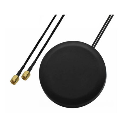 Teltonika low-profile black dome 2x2 MIMO LTE puck antenna featuring dual extension cables with gold-plated SMA male connectors.