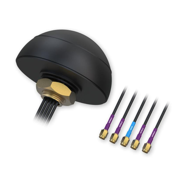 Teltonika Combo Quad multi-purpose mobile GNSS and 4G LTE roof mount antenna featuring a low-profile black dome housing and threaded screw mount base.