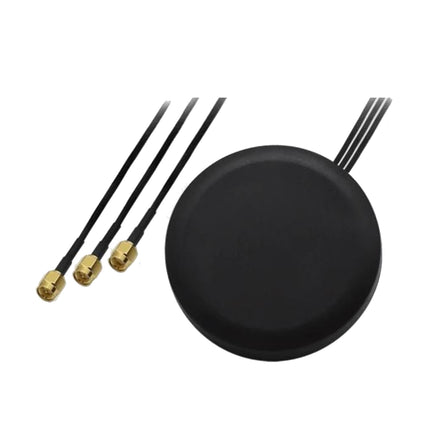 Teltonika low-profile black dome puck antenna featuring three individual lead cables with SMA connectors for 4G LTE, GNSS GPS, and Wi-Fi.