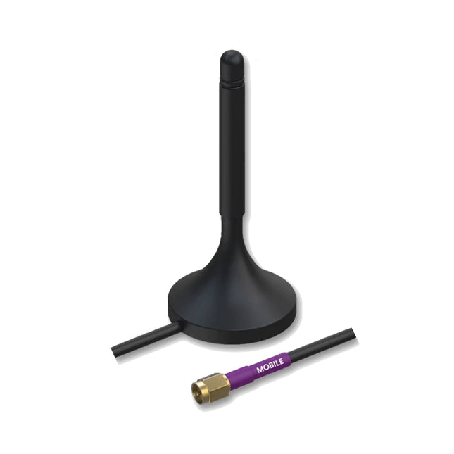 Teltonika 4G LTE mobile external antenna featuring a heavy-duty black whip design, round magnetic mount base, and attached 3m extension cable.