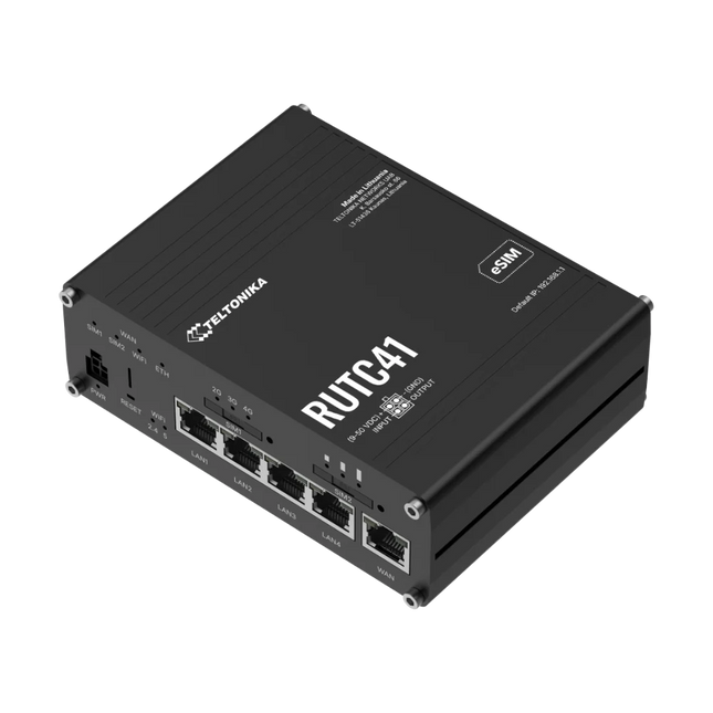 Teltonika RUTC41 edge router rear ports, five Gigabit Ethernet, USB and SMA antenna connectors