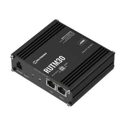 Teltonika RUTM30 compact 5G router front view with dual SIM and eSIM