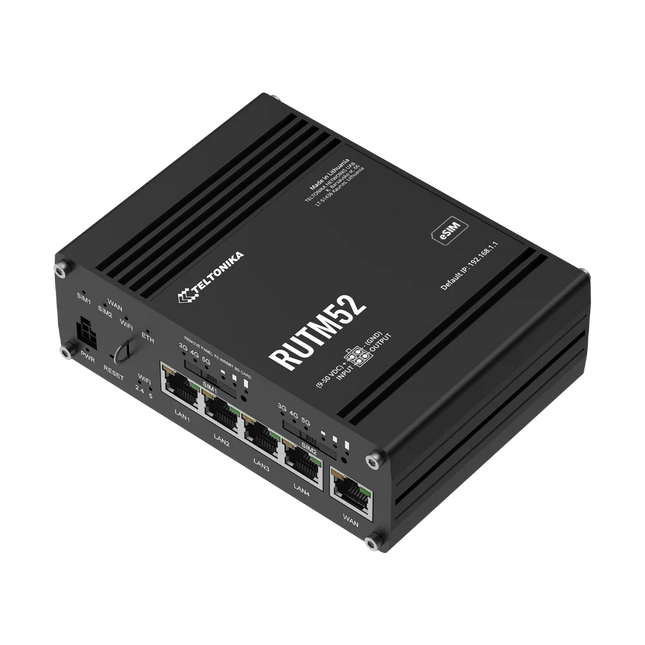 Teltonika RUTM52 showing 5× Gigabit Ethernet ports, SIM slots and DIN rail mounting bracket — CCTV Guru Australia