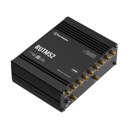 Teltonika RUTM52 industrial 5G router mounted on DIN rail inside an electrical cabinet — Australian CCTV and IoT deployment