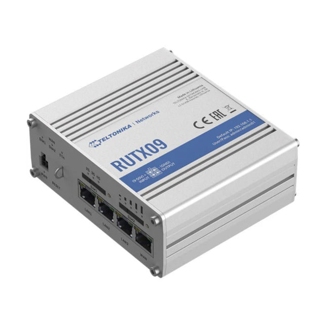 Angled top view of the rugged black aluminum Teltonika RUTX09 industrial dual-SIM 4G LTE cellular router showing its network ports and status indicators.