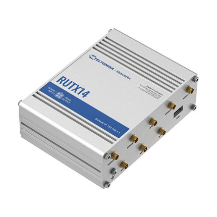 Rear Ethernet and antenna ports on the Teltonika RUTX14 industrial LTE router