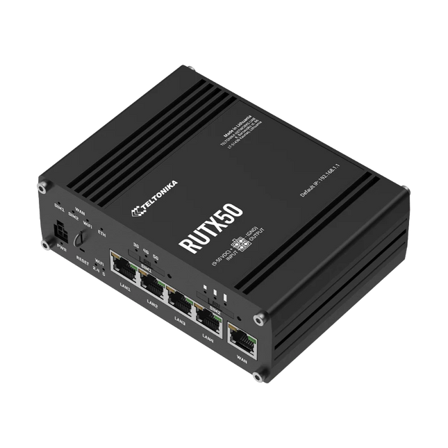 Rear view of Teltonika RUTX50 dual SIM 5G router with Gigabit Ethernet ports and industrial connectivity