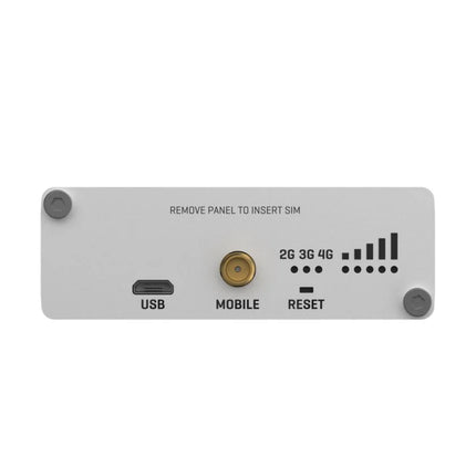 Side view of the rugged TRB140 LTE gateway showcasing the SMA mobile antenna connector and the internal mini-SIM card slot deployment panel.