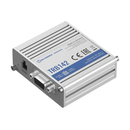 Front view of the compact grey aluminum Teltonika TRB142 industrial 4G LTE gateway showing its mobile network signal bars and power LEDs.