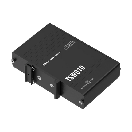 Teltonika TSW010 unmanaged DIN rail switch with 5 x 10/100 Mbps Ethernet ports in anodised aluminium housing — CCTV Guru Australia