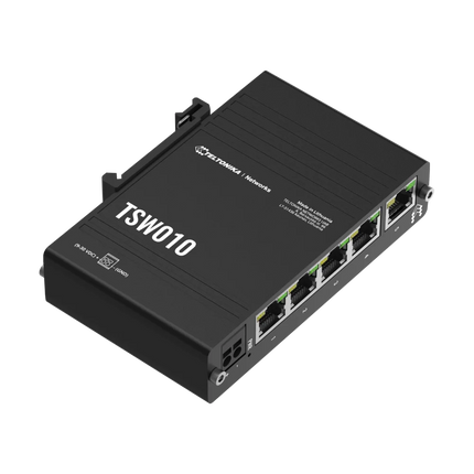 Teltonika TSW010 unmanaged DIN rail switch with 5 x 10/100 Mbps Ethernet ports in anodised aluminium housing — CCTV Guru Australia