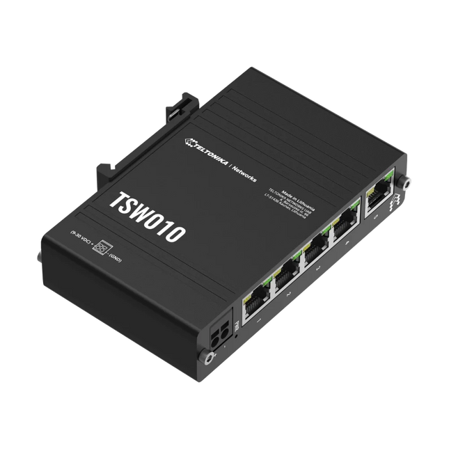 Teltonika TSW010 unmanaged DIN rail switch with 5 x 10/100 Mbps Ethernet ports in anodised aluminium housing — CCTV Guru Australia