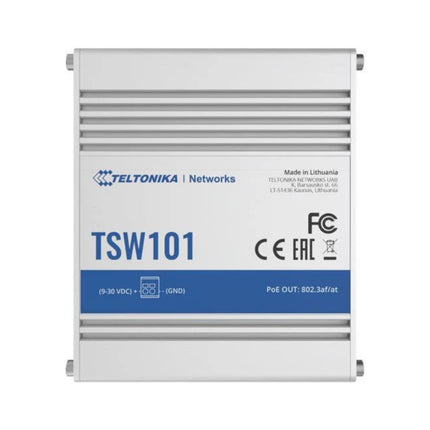 Front isometric view of the Teltonika TSW101 automotive unmanaged PoE switch inside its compact, rugged silver aluminum casing designed for vehicle installations.