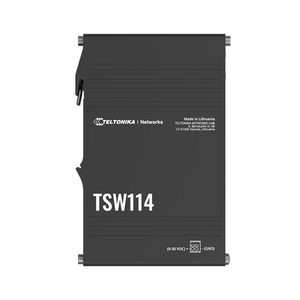 Teltonika TSW114 5-port Gigabit DIN Rail switch – rugged anodised aluminium housing mounted on 35mm DIN rail
