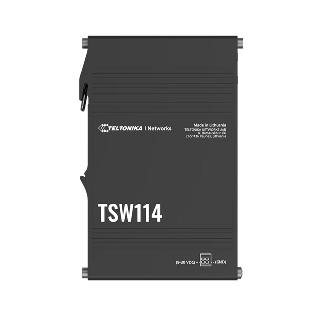 Teltonika TSW114 5-port Gigabit DIN Rail switch – rugged anodised aluminium housing mounted on 35mm DIN rail