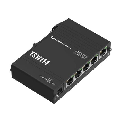 Teltonika TSW114 DIN Rail switch – close-up of 5 Gigabit RJ45 Ethernet ports and 2-pin DC terminal block power connector