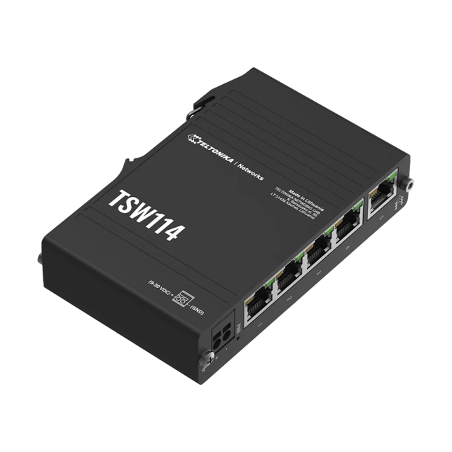 Teltonika TSW114 DIN Rail switch – close-up of 5 Gigabit RJ45 Ethernet ports and 2-pin DC terminal block power connector
