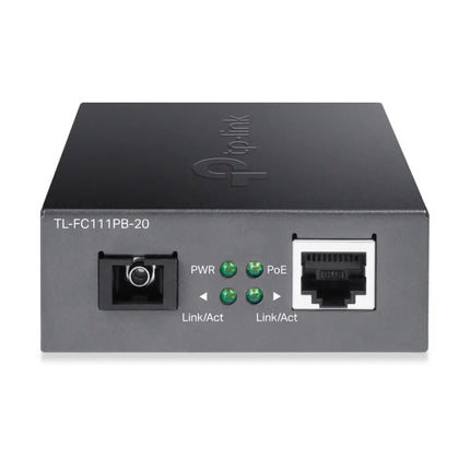 Side profile of the durable metal chassis of the TP-Link FC111PB-20 media converter showcasing the product spec label.