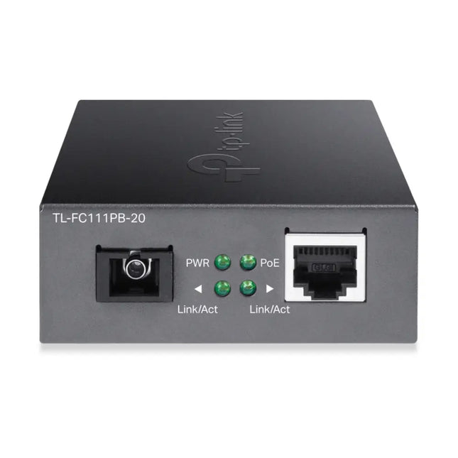 Side profile of the durable metal chassis of the TP-Link FC111PB-20 media converter showcasing the product spec label.