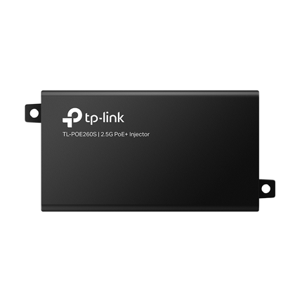 Close-up view of the TP-Link TL-POE260S interface, highlighting the 2.5 Gigabit Data In and PoE Out RJ45 ports.
