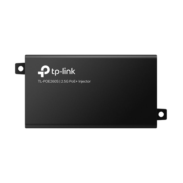 Close-up view of the TP-Link TL-POE260S interface, highlighting the 2.5 Gigabit Data In and PoE Out RJ45 ports.